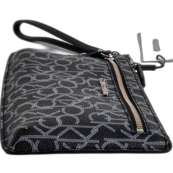 Calvin Klein Key Item Top Zip Monogram Wristlet Clutch Black/white - Picture 5 of 8